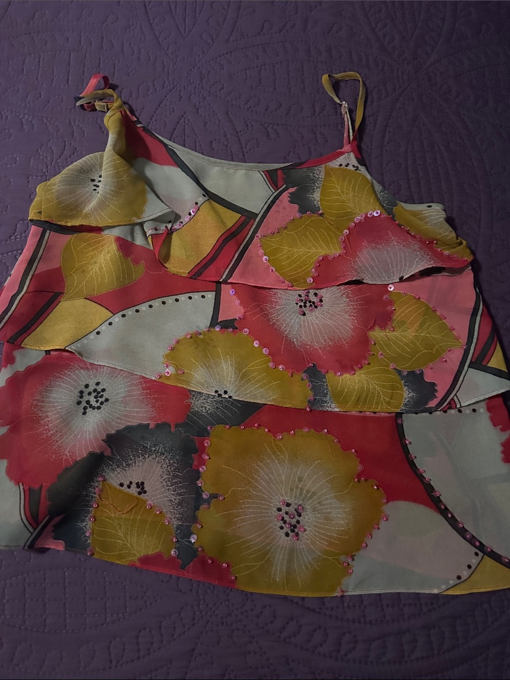 Floral Tiered Spaghetti-Strap Cami in Pink & Yellow